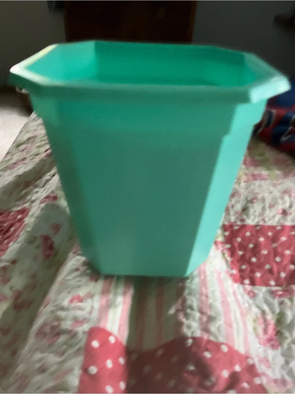 Aqua Plastic Vintage Trash Can with Gold Leaf Accent